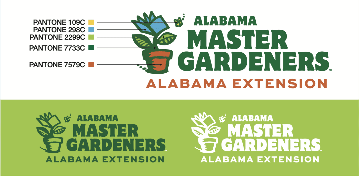 The Alabama Extension Master Gardeners logos in all green, all white, and green and orange. There is also the following words: Logo Colors: Pantone 109C, Pantone 298C, Pantone 2299C, Pantone 7733C, Pantone 7579C